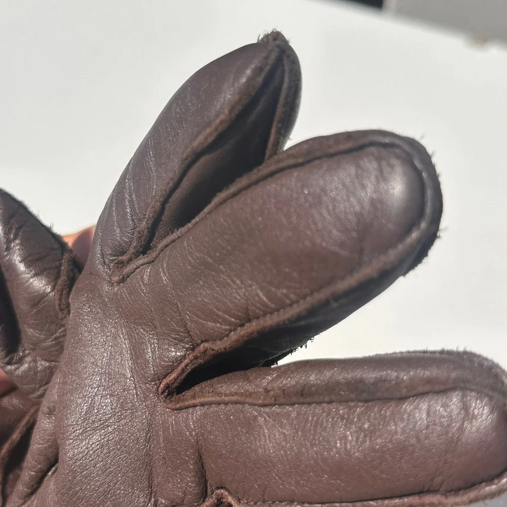 Vintage Dark Brown Leather Gloves Fur Lined Winter Warm Dress Gloves Women Small